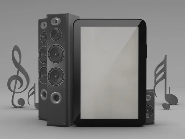 Tablet computer, speakers and notes — Stock Photo, Image