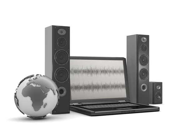 Erdkugel, Laptop mit Audiodiagramm auf Bildschirm und Lautsprecher — Stockfoto