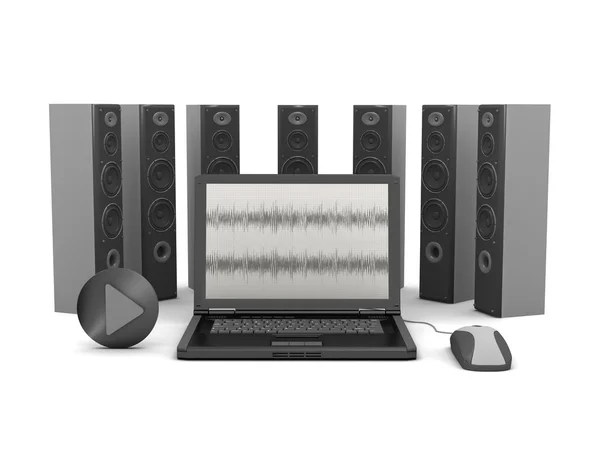Dizüstü bilgisayar ve beyaz arka plan üzerinde ses hoparlörleri — Stok fotoğraf