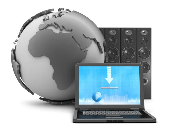 Earth globe, laptop and large sound system on white background — Stock Photo, Image