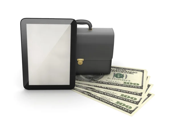 Tablet PC, läder portfölj och dollarn räkningar — Stockfoto