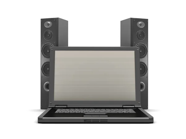 Alto-falantes de áudio e laptop em fundo branco — Fotografia de Stock