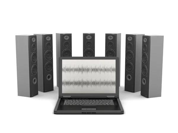 Computador portátil e alto-falantes de áudio em fundo branco — Fotografia de Stock