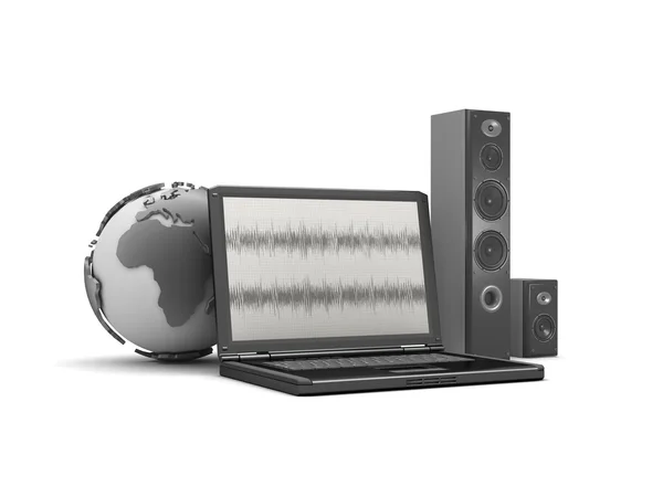 Computer portatile, globo terrestre e sistema audio — Foto Stock