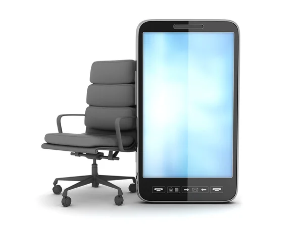 Moderne mobiele telefoon en stoel van het Bureau op witte achtergrond — Stockfoto