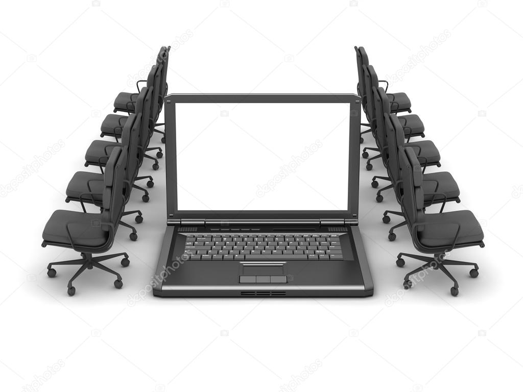 Laptop and row of office chairs on white background