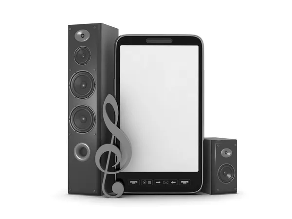 Téléphone portable, haut-parleurs audio et clef sur fond blanc — Photo