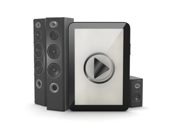 Sound system - audio speakers and tablet computer — Stock Photo, Image