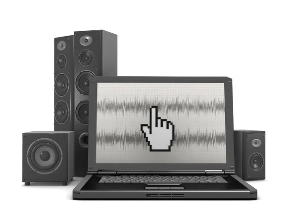 Home theatre system and laptop computer with audio graph on scre — Stock Photo, Image