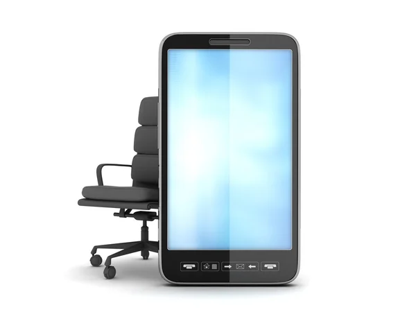 Téléphone cellulaire moderne et chaise de bureau sur fond blanc — Photo