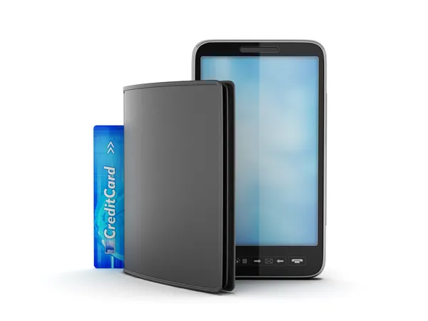 Telefon komórkowy, portfel czarny i karty kredytowej — Zdjęcie stockowe