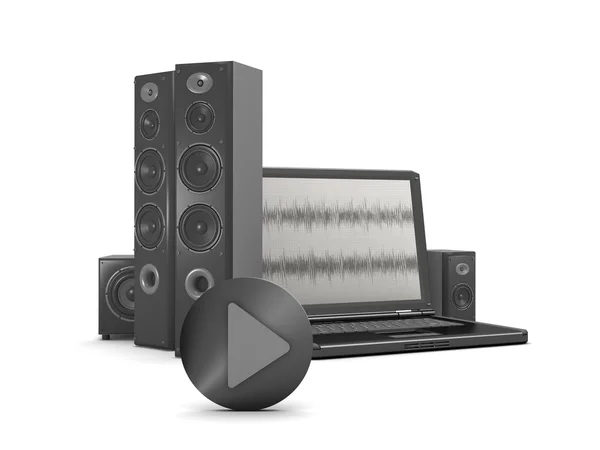 Leitor de música no computador pessoal - computador portátil e alto-falantes — Fotografia de Stock