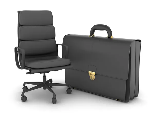 Leather business briefcase and office chair — Stock Photo, Image