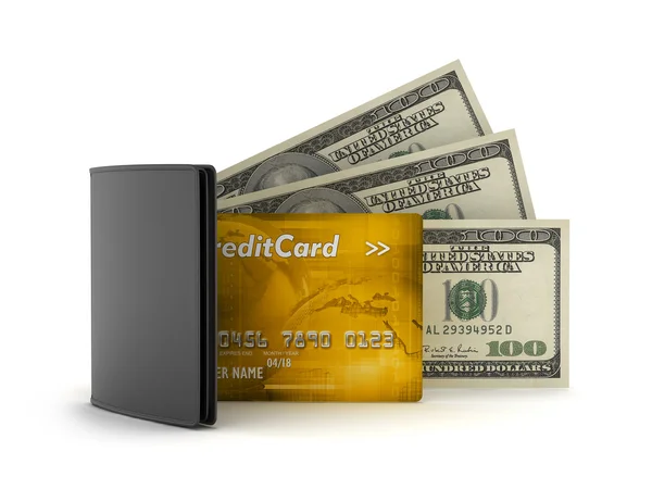 Leather wallet, dollars and credit card — Stock Photo, Image