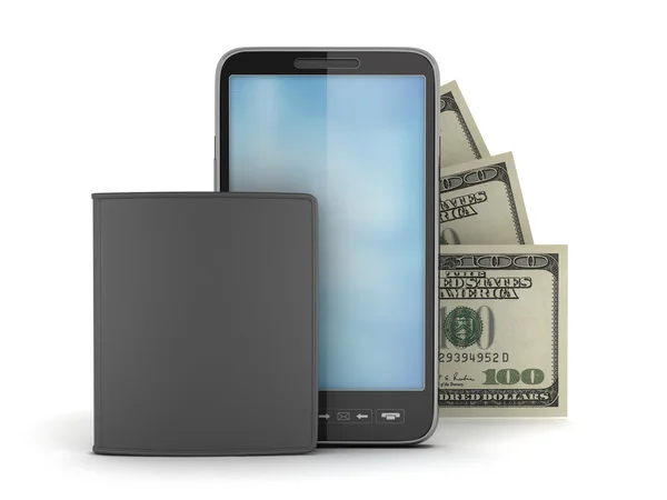 Telefone celular, notas bancárias e carteira de couro — Fotografia de Stock