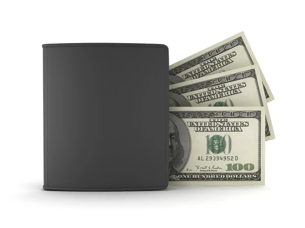 Dolarové bankovky a Černá kožená Peněženka na bílém pozadí — Stock fotografie