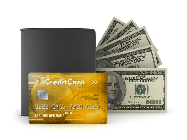 Credit card, bank notes and wallet — Stock Photo, Image