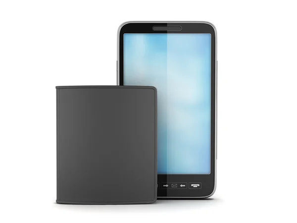 Moderní mobilní telefon a Černá kožená Peněženka na bílém pozadí — Stock fotografie