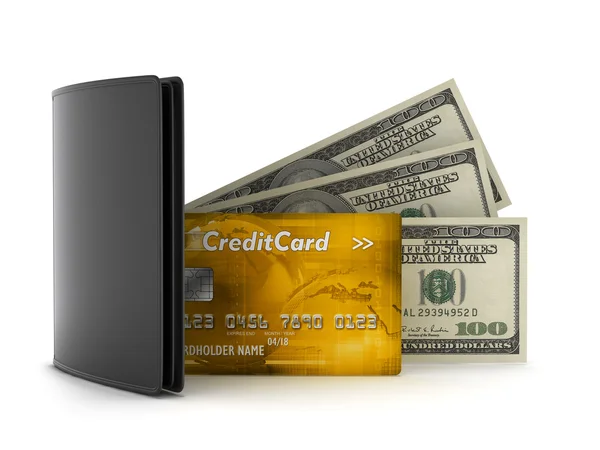 Bank notes, credit card and leather wallet on white background — Stock Photo, Image