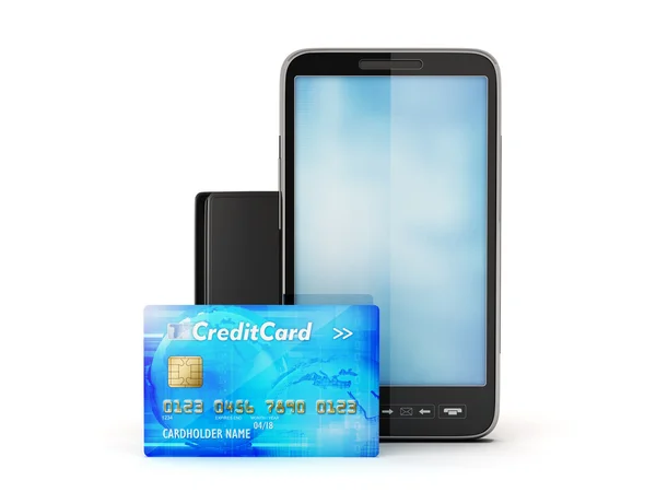 Mobiele telefoon, creditcard en lederen portefeuille geïsoleerd op wit — Stockfoto