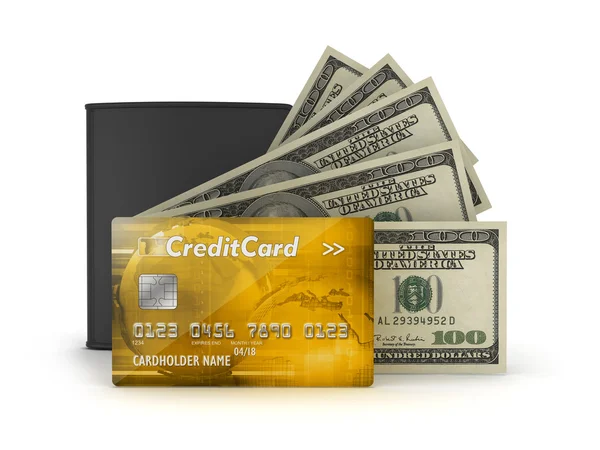 Money - bank notes, credit card and leather wallet — Stock Photo, Image