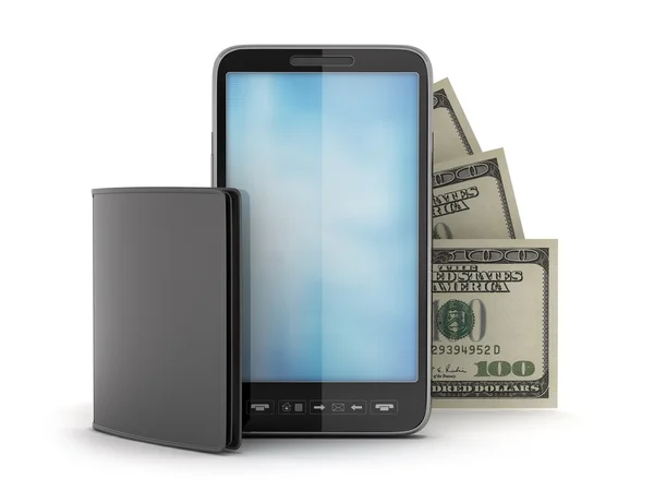 Mobiele telefoon, bankbiljetten en lederen portefeuille — Stockfoto