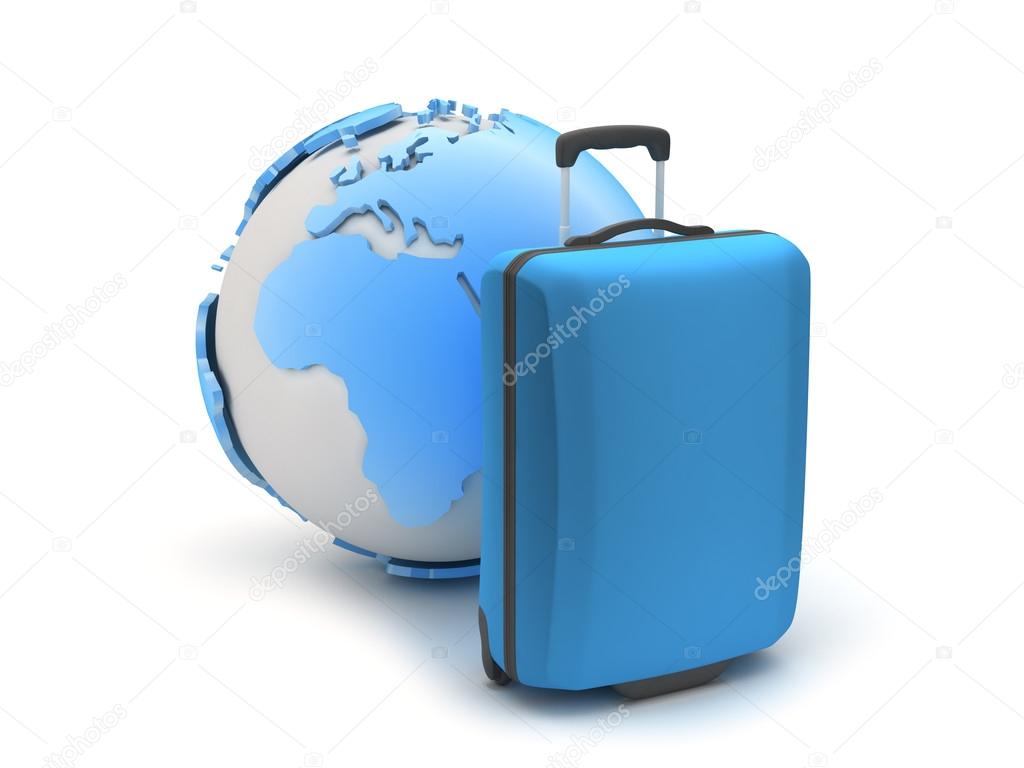 Blue suitcase and earth globe on white background