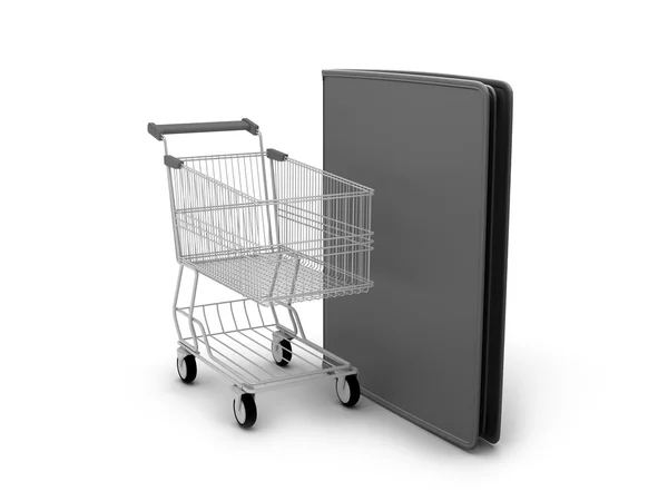 Shopping cart and black leather wallet on white background — Stock Photo, Image