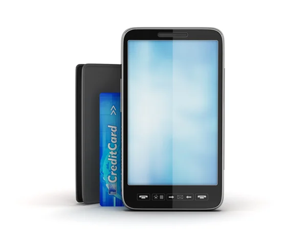 Mobiltelefon, fekete pénztárca és hitelkártya — Stock Fotó