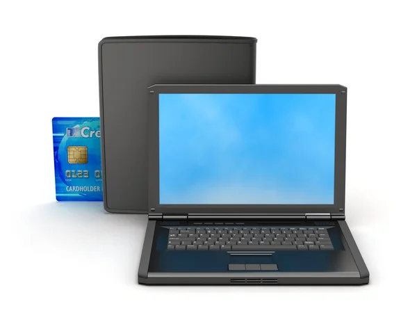 Ноутбук, кредитная карта и черный кошелек — стоковое фото