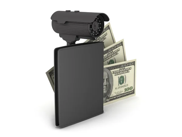 Dollarbiljetten, lederen portefeuille en video bewakingscamera — Stockfoto