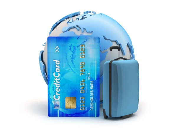 Cestovní taška, kreditních karet a zemi světa — Stock fotografie