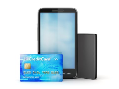 cep telefonu, kredi kartı ve üzerinde beyaz izole deri cüzdan