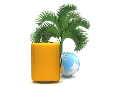 seyahat çantası ve dünya küre bir palmiye ağacının altında