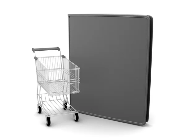 Shopping cart and black leather wallet on white background — Stock Photo, Image