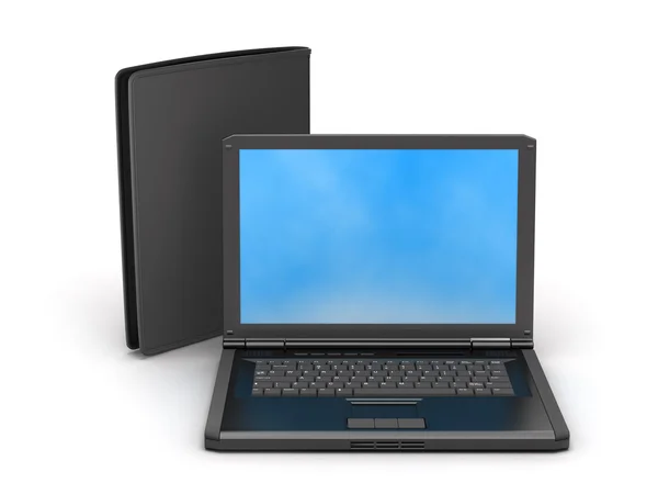 Laptop e carteira de couro no fundo branco — Fotografia de Stock