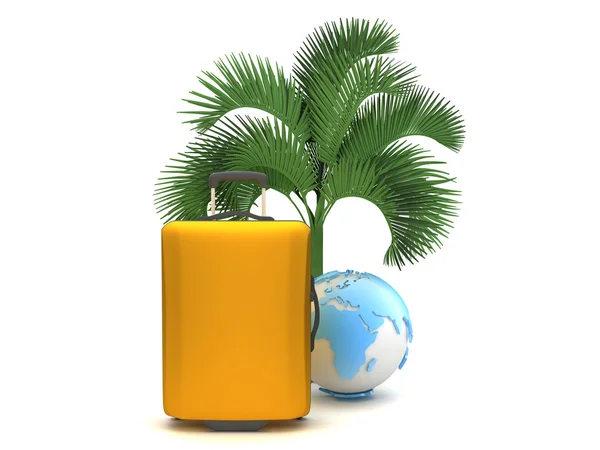 Saco de viagem e globo terrestre sob uma palmeira — Fotografia de Stock