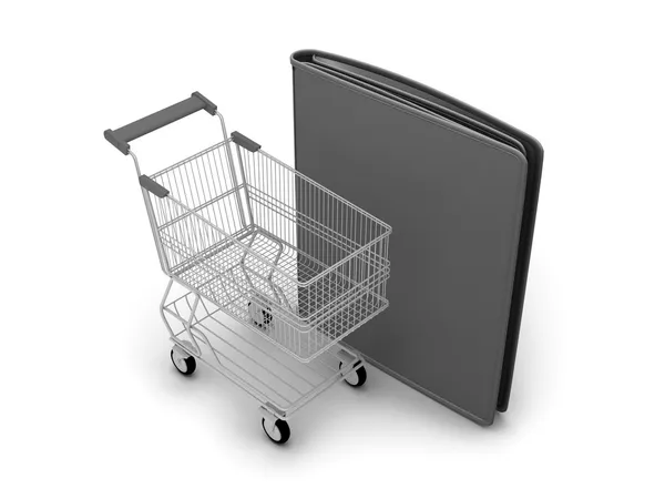 Carrinho de compras e carteira de couro preto no fundo branco — Fotografia de Stock