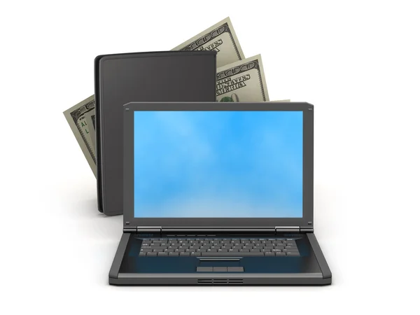 Notas de dólar, carteira de couro e laptop — Fotografia de Stock