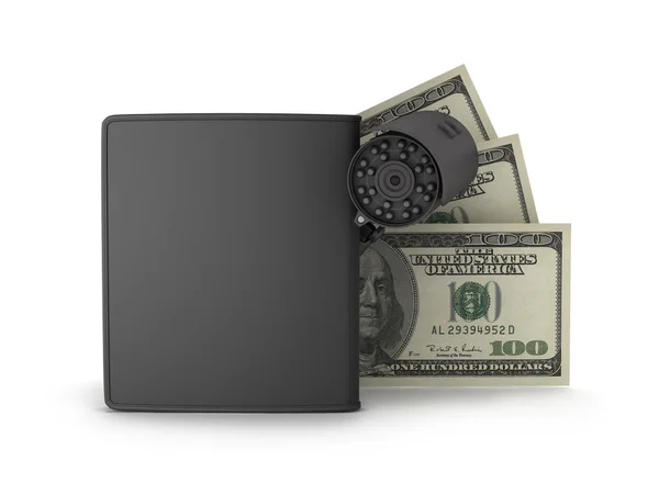Video surveillance camera, dollars and leather wallet on white b — Stock Photo, Image