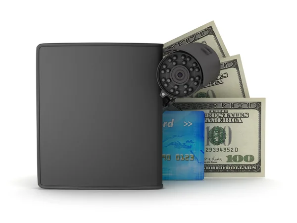 Dinero de seguridad - tarjeta de crédito, facturas, billetera y cámara de monitoreo — Foto de Stock