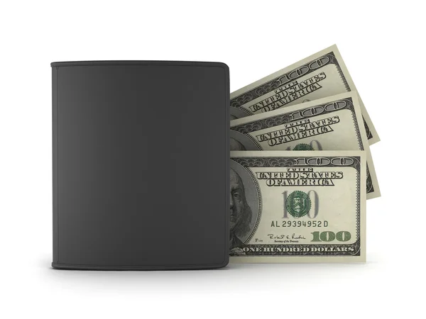 Notas de dólar e carteira de couro preto no fundo branco — Fotografia de Stock