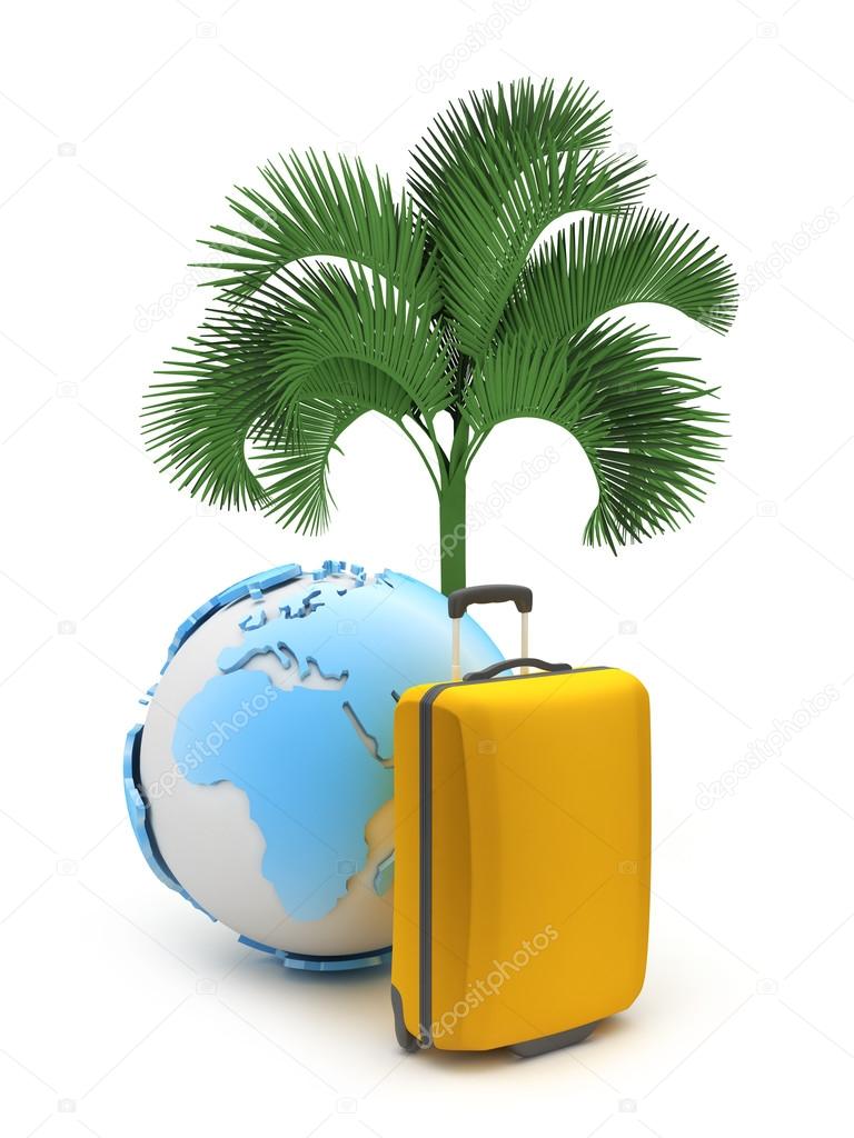 Suitcase, earth globe and palm tree on white background