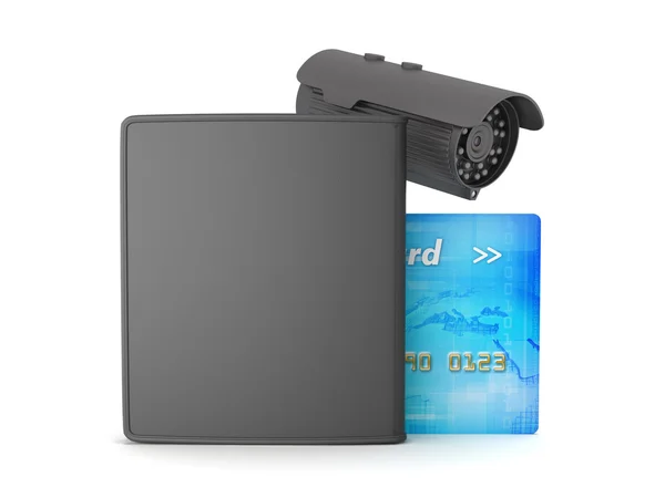 Credit card, leather wallet and video surveillance camera — Stock Photo, Image