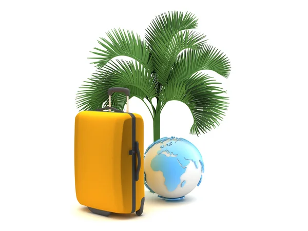 Travel bag and earth globe under a palm tree — Stock Photo, Image