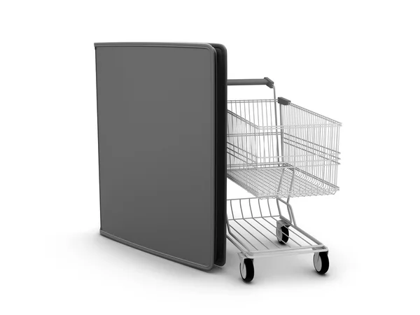 Shopping cart and black leather wallet on white background — Stock Photo, Image