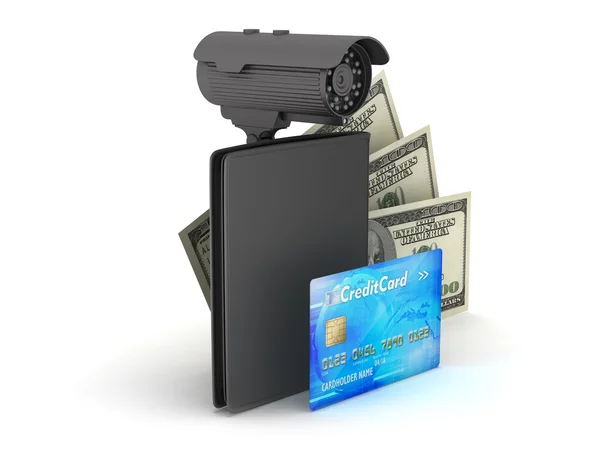 Safety money - bills, credit card, wallet and video surveillance — Stock Photo, Image