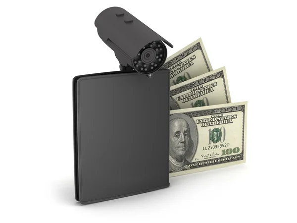 Dollarbiljetten, lederen portefeuille en video bewakingscamera — Stockfoto