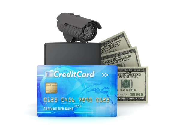 Credit card, dollar bills, wallet and monitoring camera — Stock Photo, Image