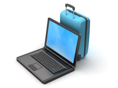 beyaz zemin üzerinde laptop ve mavi çanta